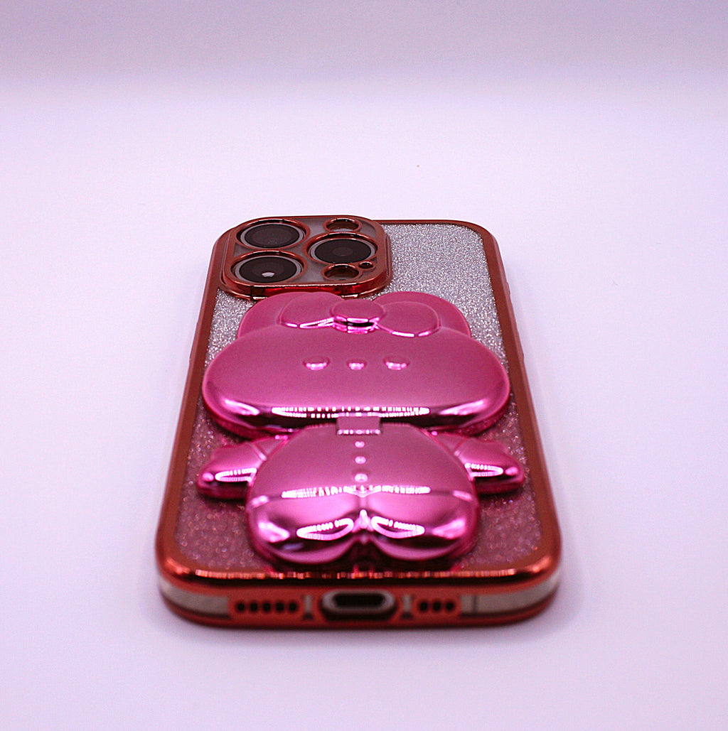 Cute Cat iPhone Cover med Glitter, Holder og Indbygget Makeupspejl – iPhone 12–16 Pro - Pink