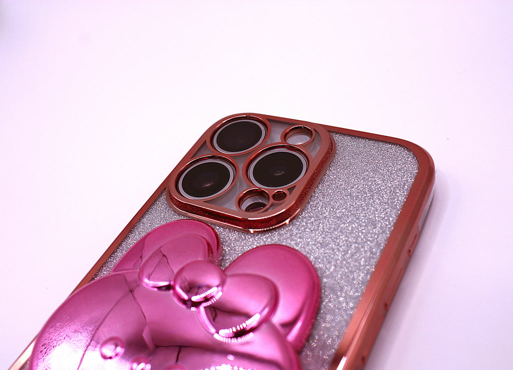 Cute Cat iPhone Cover med Glitter, Holder og Indbygget Makeupspejl – iPhone 12–16 Pro - Pink