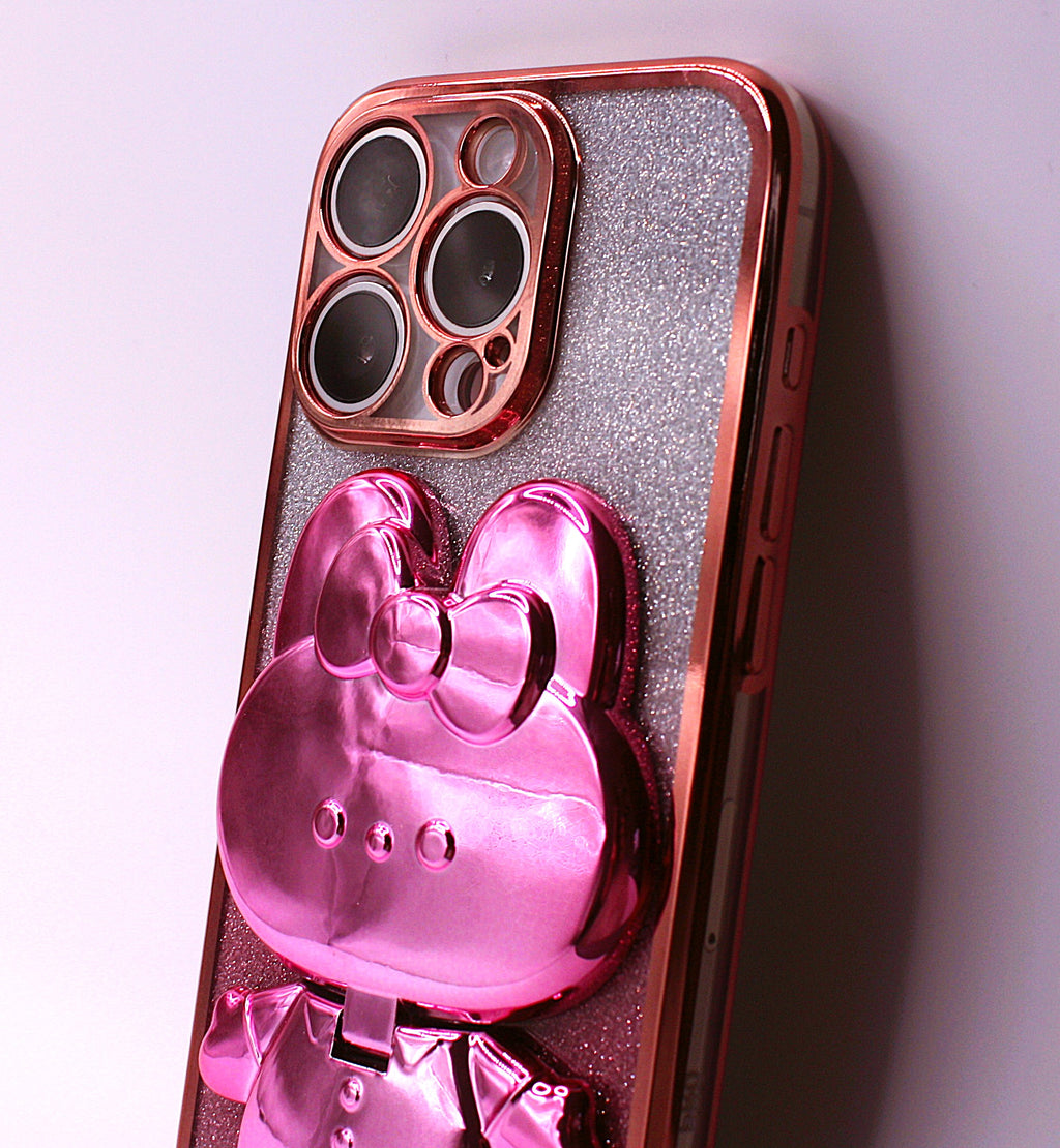 Cute Cat iPhone Cover med Glitter, Holder og Indbygget Makeupspejl – iPhone 12–16 Pro - Pink