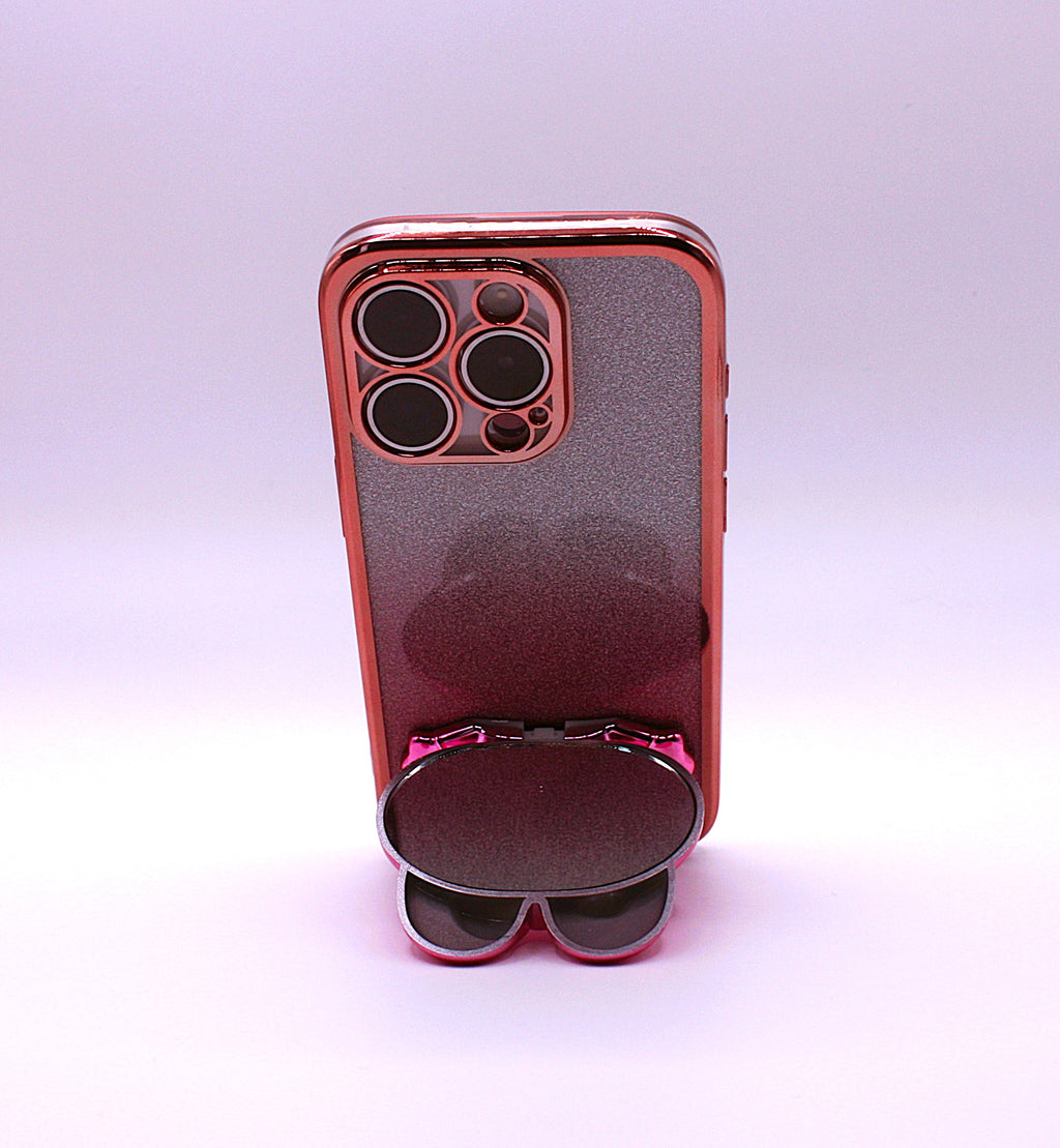 Cute Cat iPhone Cover med Glitter, Holder og Indbygget Makeupspejl – iPhone 12–16 Pro - Pink