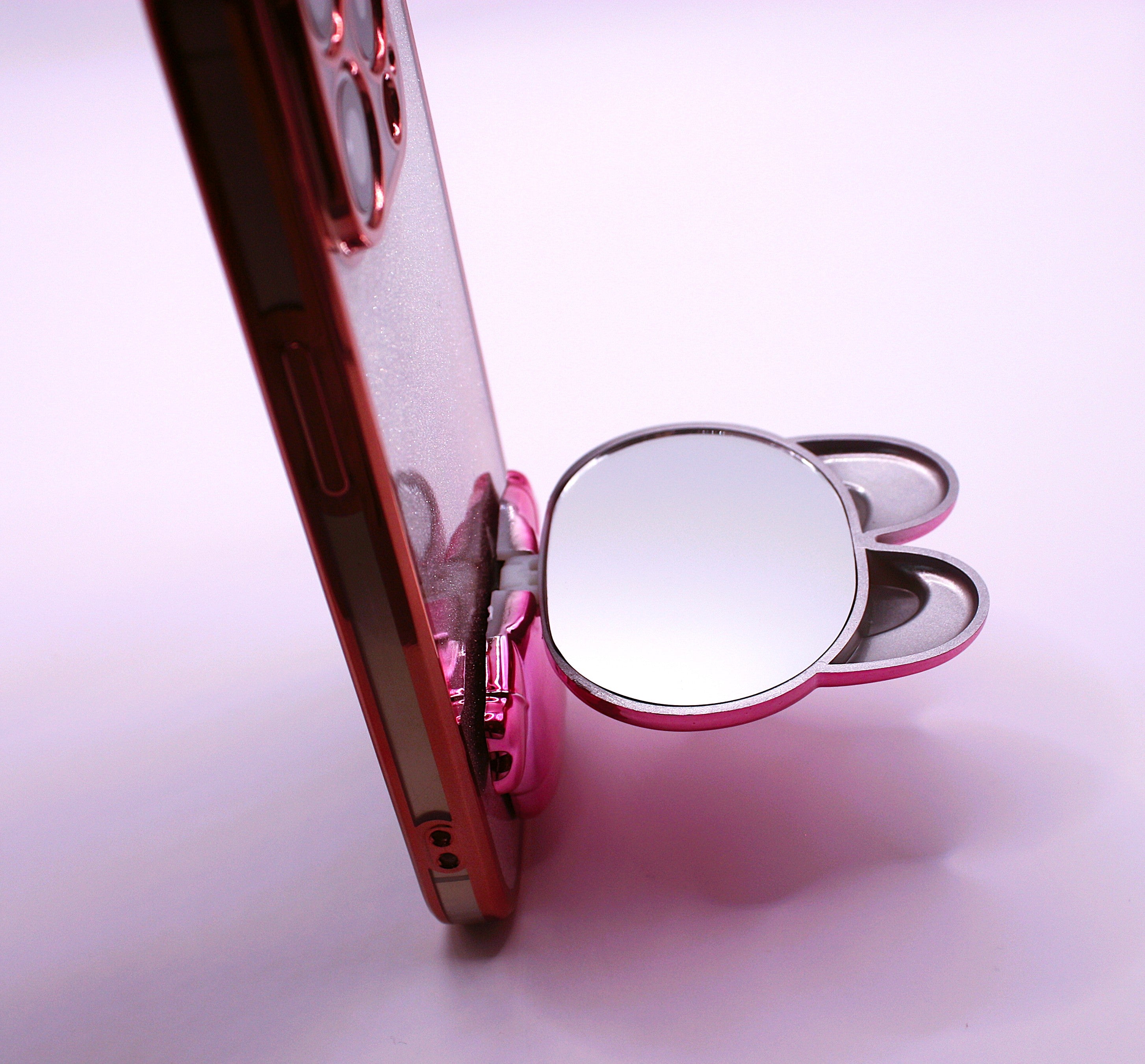 Cute Cat iPhone Cover med Glitter, Holder og Indbygget Makeupspejl – iPhone 12–16 Pro - Pink