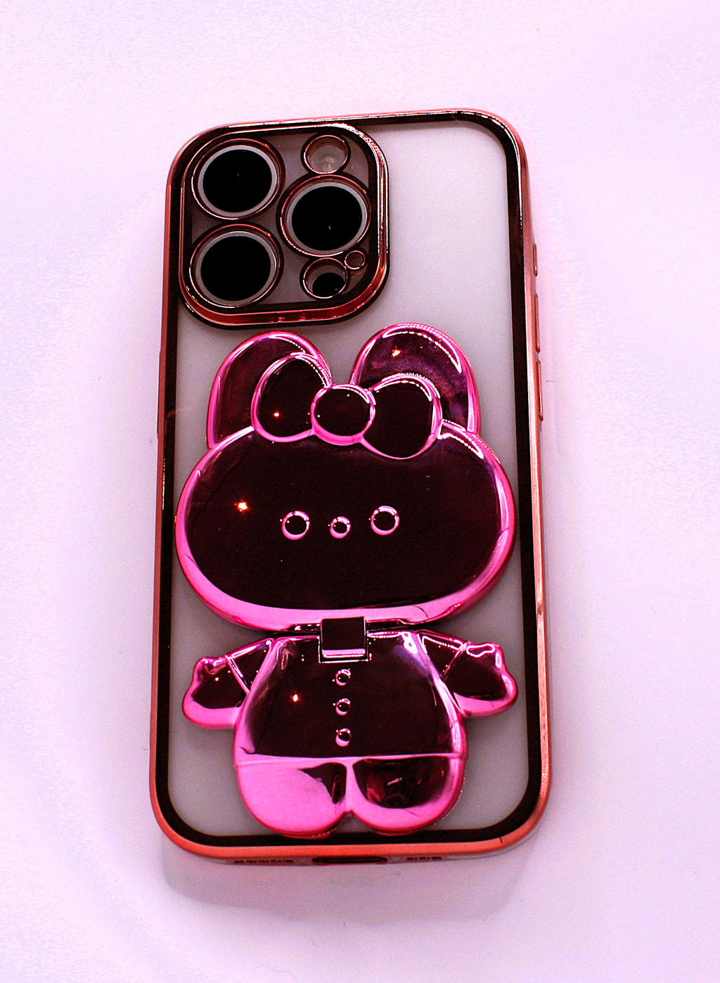 Cute Cat iPhone Cover med Glitter, Holder og Indbygget Makeupspejl – iPhone 12–16 Pro - Pink