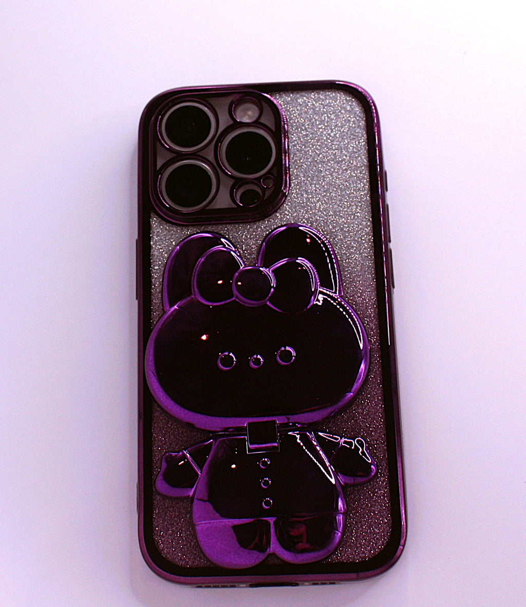 Cute Cat iPhone Cover med Glitter, Holder og Indbygget Makeupspejl – iPhone 12–16 Pro - Lilla