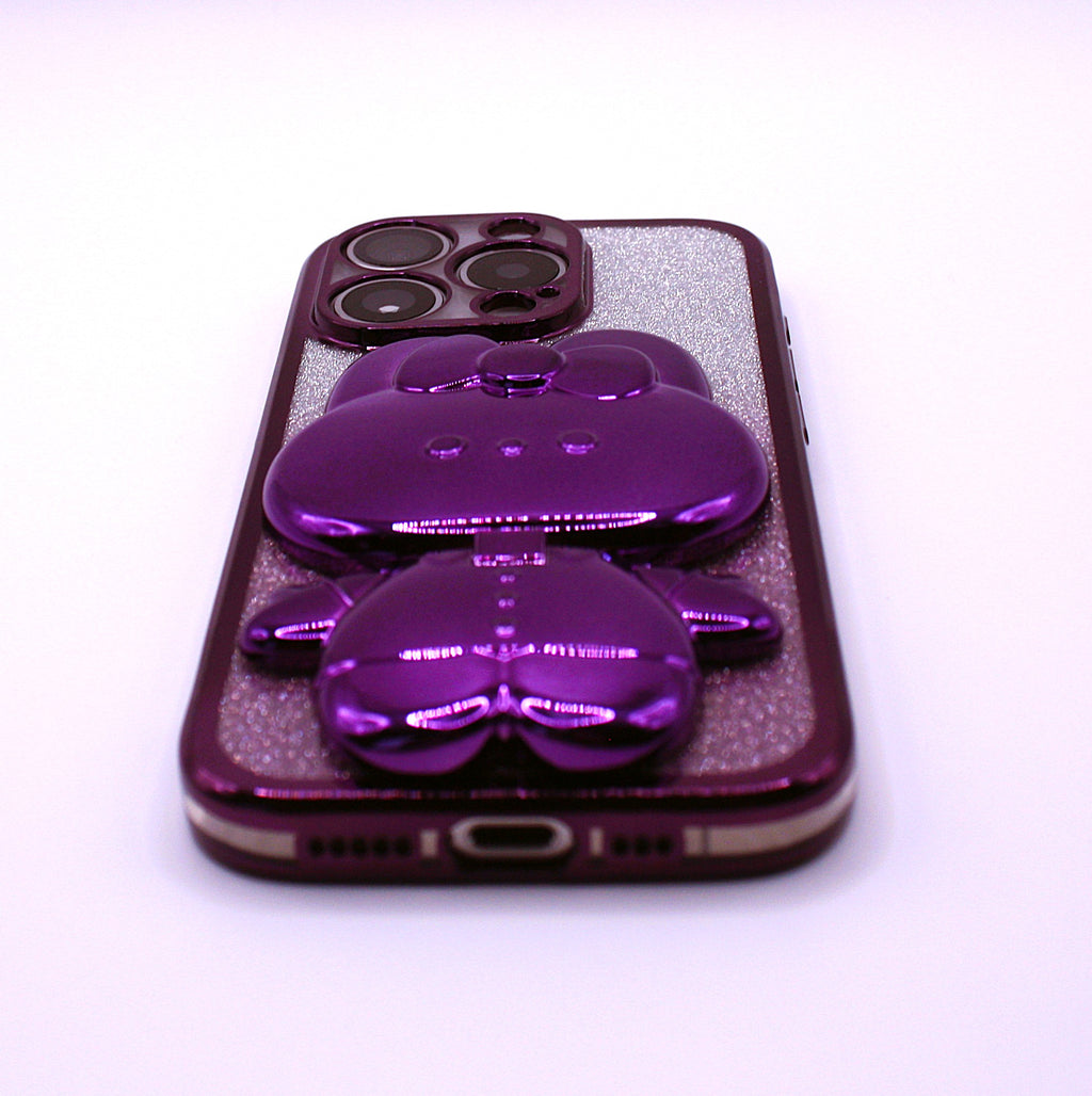 Cute Cat iPhone Cover med Glitter, Holder og Indbygget Makeupspejl – iPhone 12–16 Pro - Lilla