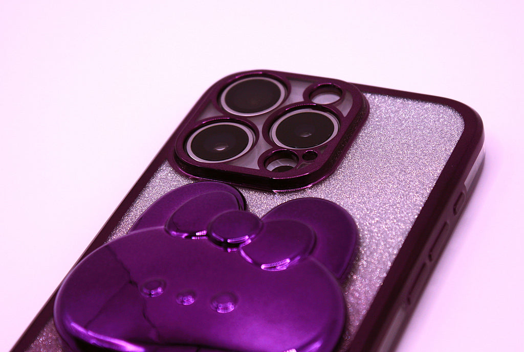 Cute Cat iPhone Cover med Glitter, Holder og Indbygget Makeupspejl – iPhone 12–16 Pro - Lilla