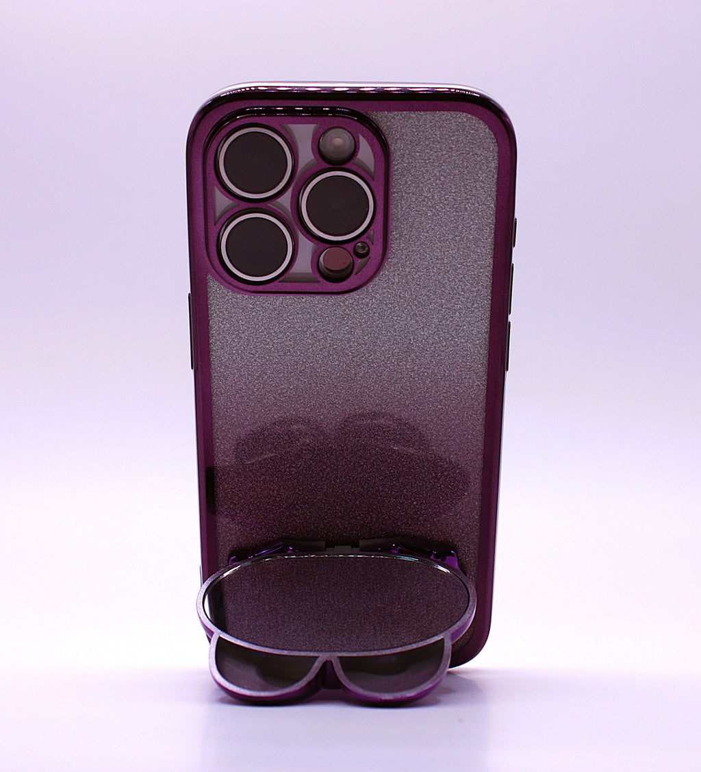 Cute Cat iPhone Cover med Glitter, Holder og Indbygget Makeupspejl – iPhone 12–16 Pro - Lilla