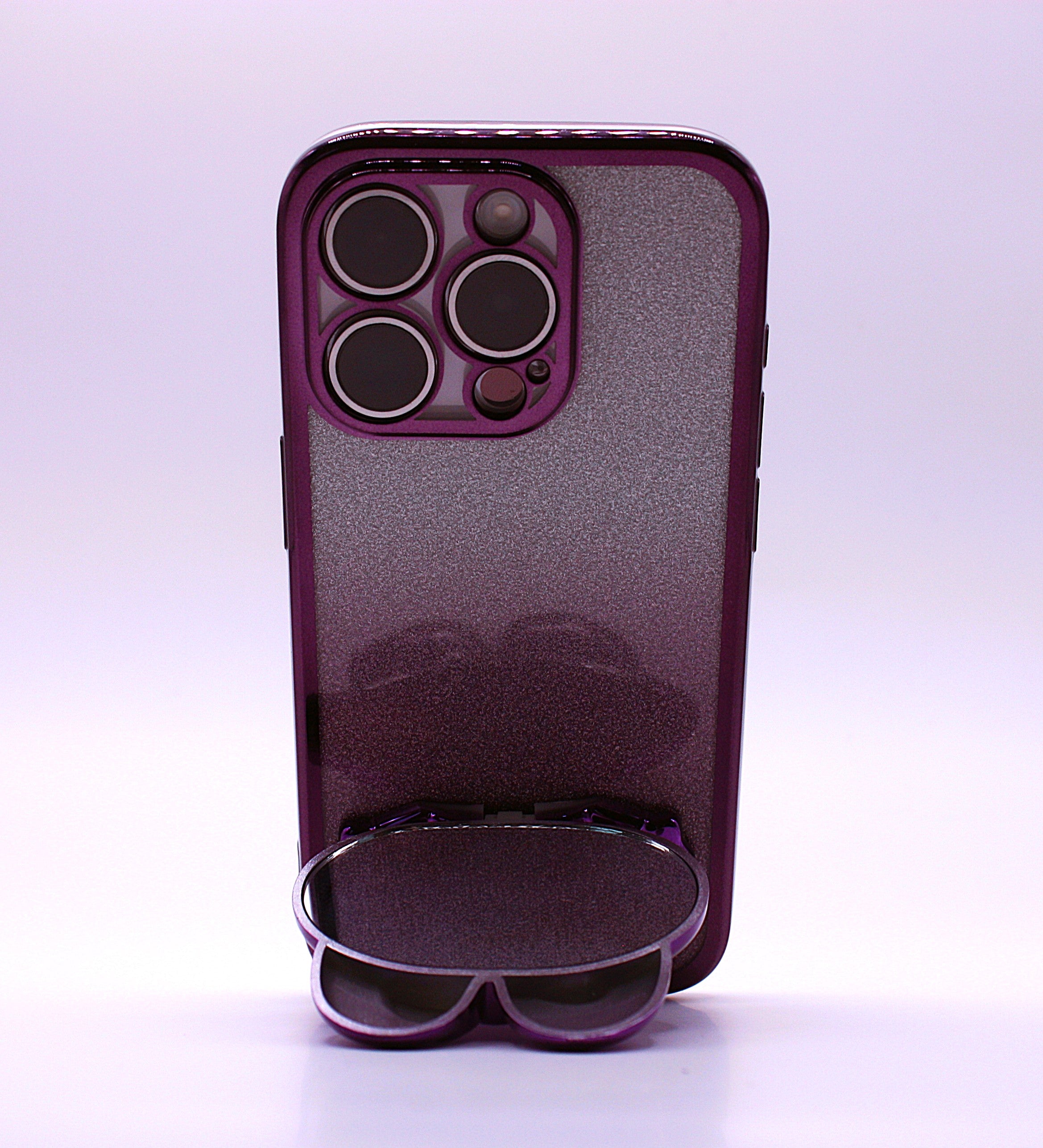 Cute Cat iPhone Cover med Glitter, Holder og Indbygget Makeupspejl – iPhone 12–16 Pro - Lilla