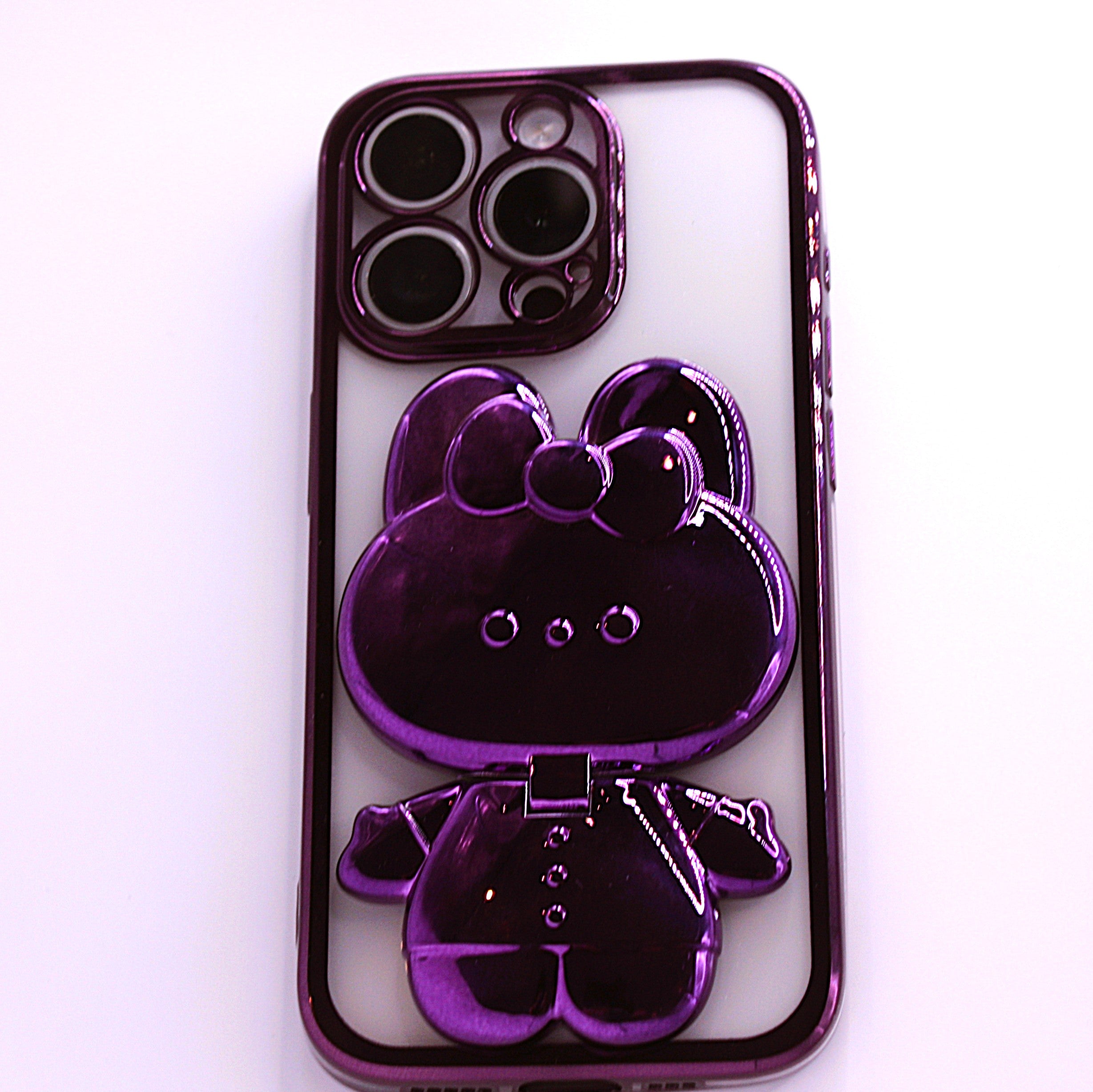 Cute Cat iPhone Cover med Glitter, Holder og Indbygget Makeupspejl – iPhone 12–16 Pro - Lilla