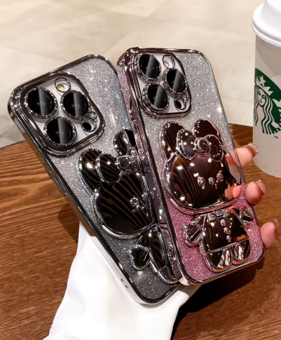 Cute Cat Electroplated iPhone Cover med Gradient Glitter, Holder og Indbygget Makeupspejl – iPhone 13–17 Pro Max